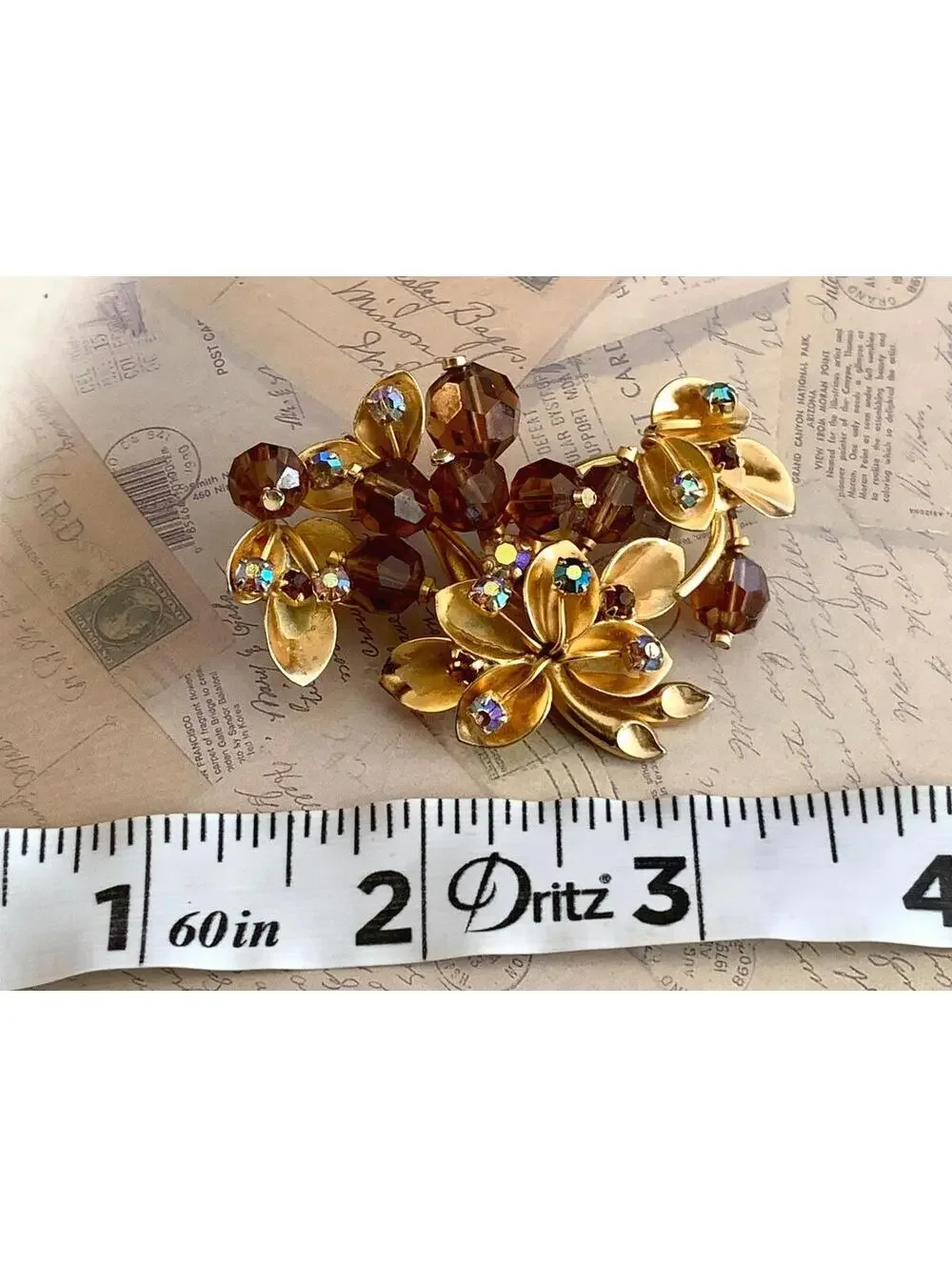 Vintage Austria Crystal Brooch Smoky Amber AB Rhinestone Floral Pin